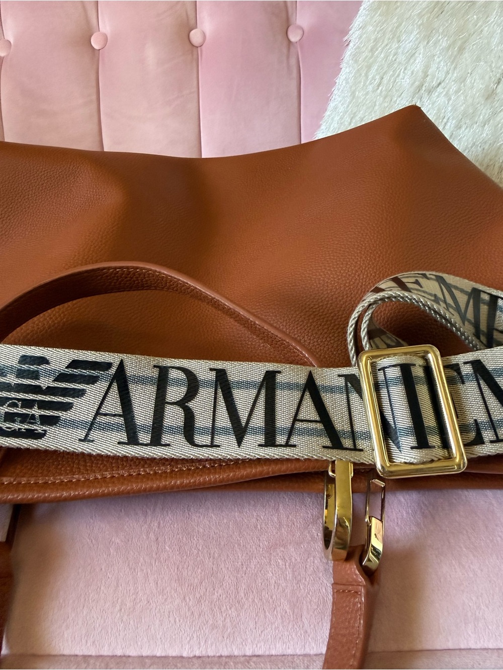 💯Auth! Emporio Armani Saddle Brown Leather Bag Tote Branded Strap Gold Hardware - Picture 14 of 16